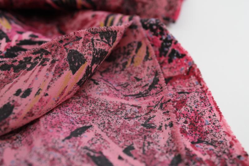 photo of disco vintage silky polyester fabric, abstract print in plum pink, black, yellow gold #2