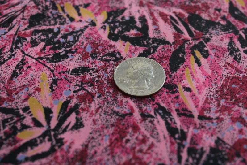 photo of disco vintage silky polyester fabric, abstract print in plum pink, black, yellow gold #3