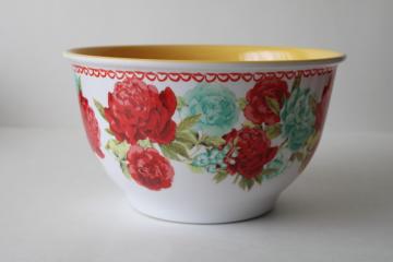 catalog photo of discontinued Pioneer Woman melamine bowl, vintage floral print on white w/ yellow interior 