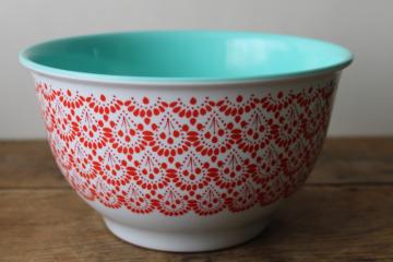 catalog photo of discontinued pattern Pioneer Woman melamine bowl, red cherries print on white, aqua interior 