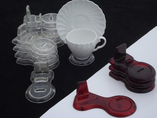 photo of display stands for vintage china cup & saucer sets, lucite and tortoise plastic #1