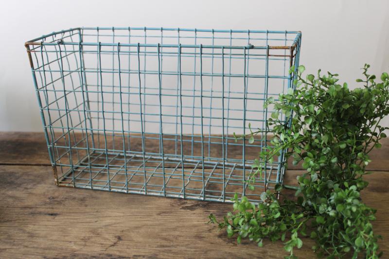 photo of distressed aqua blue painted wire basket, industrial style storage bin, bike basket? #1