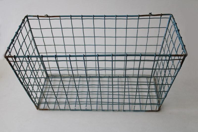 photo of distressed aqua blue painted wire basket, industrial style storage bin, bike basket? #2