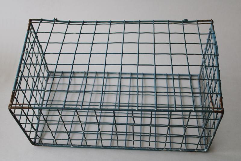 photo of distressed aqua blue painted wire basket, industrial style storage bin, bike basket? #4