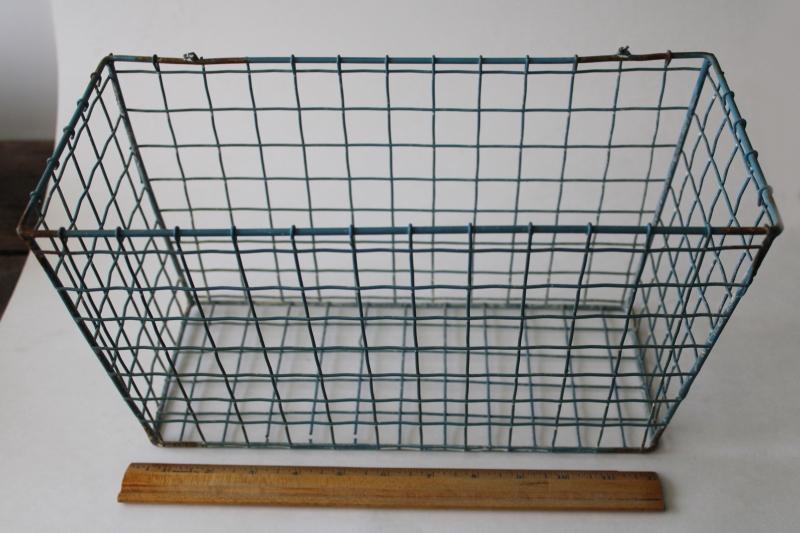 photo of distressed aqua blue painted wire basket, industrial style storage bin, bike basket? #5