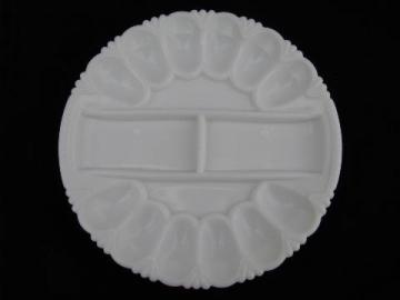 catalog photo of divided egg plate for deviled eggs, vintage milk white glass