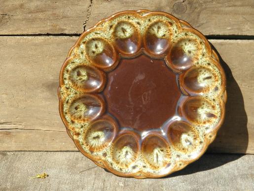 photo of divided egg plate, vintage brown drip glaze pottery Harker rawhide? #1