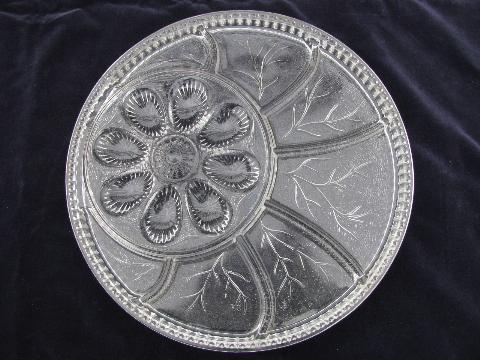 photo of divided glass egg plate tray, vintage Indiana pressed pattern glass #1