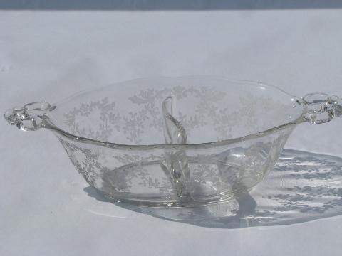 photo of divided mayonnaise / sauce bowl, vintage elegant glass w/ floral etch #3