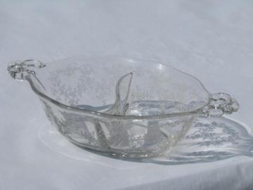 catalog photo of divided mayonnaise / sauce bowl, vintage elegant glass w/ floral etch