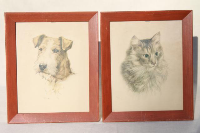 photo of dog & cat pictures, mid-century vintage framed prints, terrier puppy & long haired tabby kitty #1