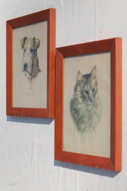 photo of dog & cat pictures, mid-century vintage framed prints, terrier puppy & long haired tabby kitty #3