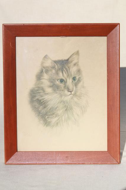 photo of dog & cat pictures, mid-century vintage framed prints, terrier puppy & long haired tabby kitty #6