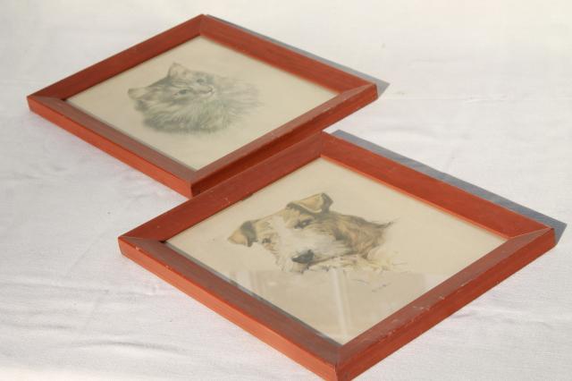 photo of dog & cat pictures, mid-century vintage framed prints, terrier puppy & long haired tabby kitty #9