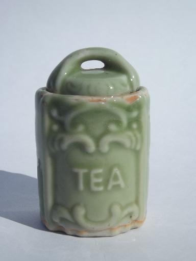 photo of doll dishes size china Tea canister, vintage Japan, 1950s jade green #1