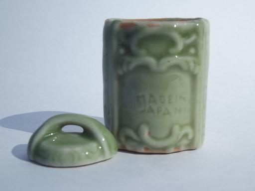 photo of doll dishes size china Tea canister, vintage Japan, 1950s jade green #2