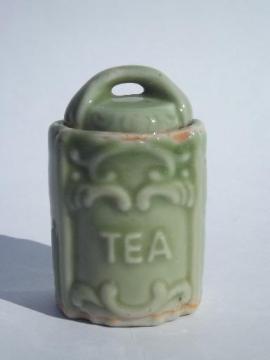 catalog photo of doll dishes size china Tea canister, vintage Japan, 1950s jade green