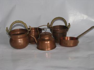 catalog photo of doll size miniature copper kitchenware, tiny bucket, kettle, cauldron etc.