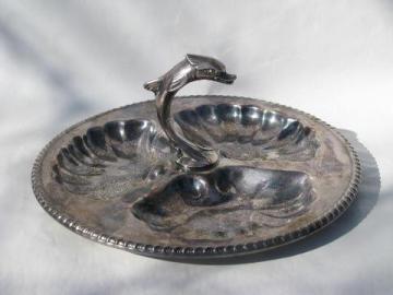 catalog photo of dolphin & shell, vintage Canterbury silver divided plate w/ center handle