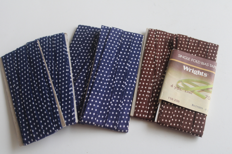 photo of dotted print cotton seam binding, vintage bias binding navy blue, brown with white  #1