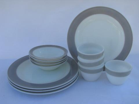 photo of dove grey band on white, vintage Pyrex glass restaurantware dishes #1