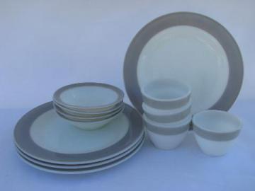 catalog photo of dove grey band on white, vintage Pyrex glass restaurantware dishes