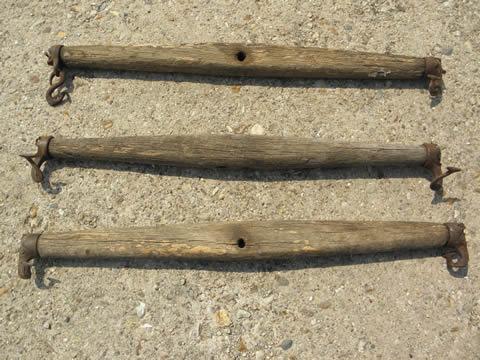 photo of draft horse eveners, lot old wood single trees, primitive antique iron hooks #1