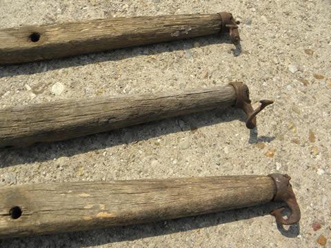 photo of draft horse eveners, lot old wood single trees, primitive antique iron hooks #3