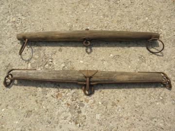 catalog photo of draft horse eveners, lot old wood single trees, primitive antique iron hooks