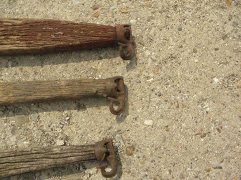 photo of draft horse eveners, lot old wood single trees, primitive antique iron hooks #2