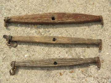 catalog photo of draft horse eveners, lot old wood single trees, primitive antique iron hooks