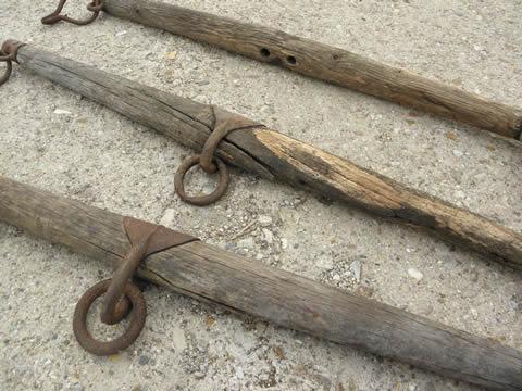 photo of draft horse eveners, lot old wood single trees, primitive antique iron hooks #2