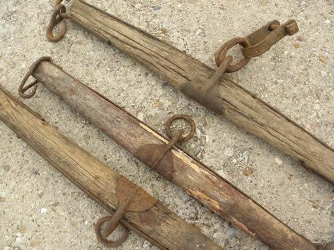 photo of draft horse eveners, lot old wood single trees, primitive antique iron hooks #2