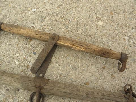 photo of draft horse eveners, lot old wood single trees, primitive antique iron hooks #2