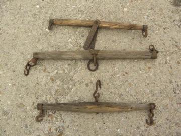 catalog photo of draft horse eveners, lot old wood single trees, primitive antique iron hooks