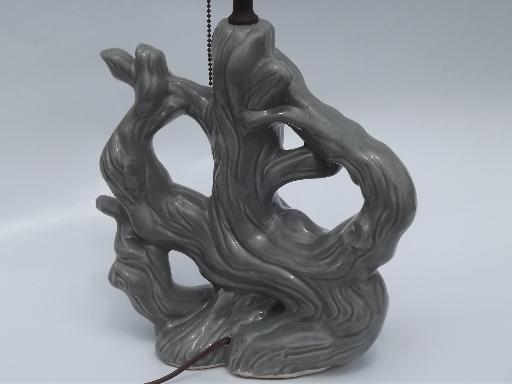 photo of driftwood branch table lamp, vintage faux bois silver grey art pottery #3