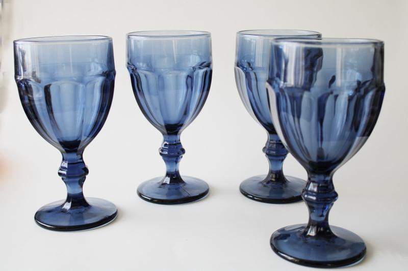 photo of dusk blue Libbey Duratuff glass, set of four Gibraltar pattern water goblets #1