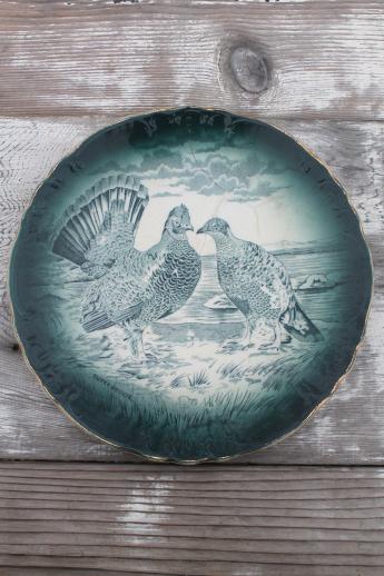 photo of dusky grouse birds antique blue - green transferware plate, vintage 1908 Buffalo china  #1