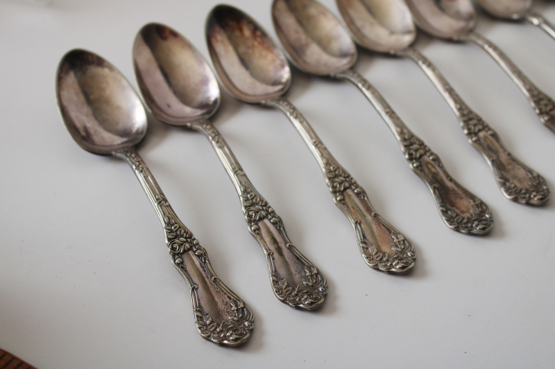 photo of early 1900s antique silverplated tea spoons, Rockford silver plate Rosemary roses floral  #2