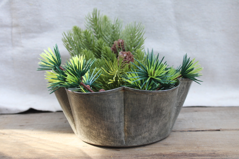photo of early 1900s antique tin food mold or baking pan, fluted bowl weathered zinc metal color #6