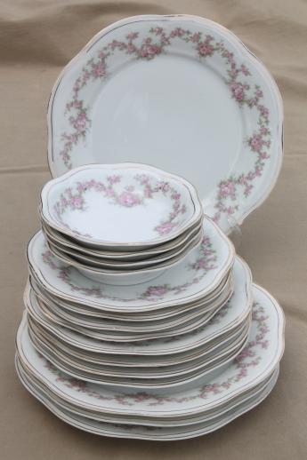 photo of early 1900s vintage Bavaria porcelain plates & bowls, Mignon pink floral china #1