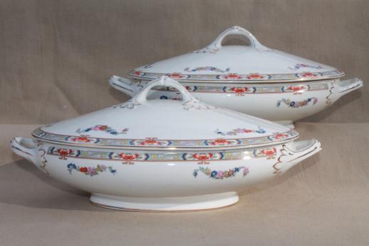 photo of early 1900s vintage English china vegetable bowls, pair of oval tureens #1