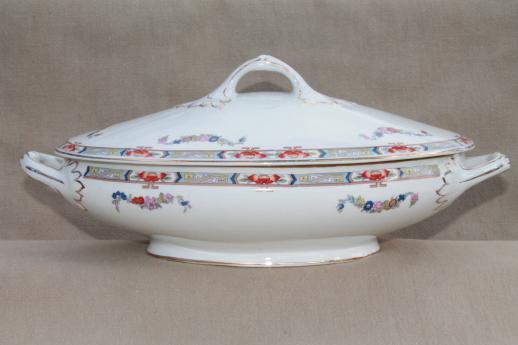 photo of early 1900s vintage English china vegetable bowls, pair of oval tureens #3