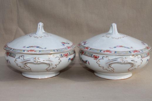 photo of early 1900s vintage English china vegetable bowls, pair of oval tureens #4