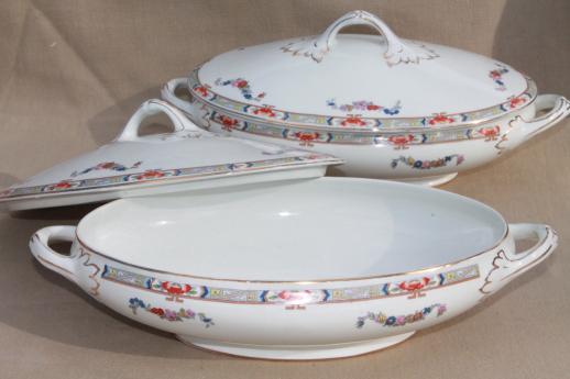 photo of early 1900s vintage English china vegetable bowls, pair of oval tureens #5