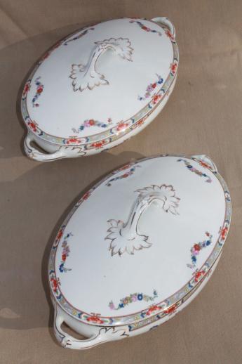 photo of early 1900s vintage English china vegetable bowls, pair of oval tureens #6