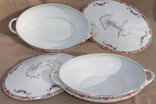 photo of early 1900s vintage English china vegetable bowls, pair of oval tureens #7