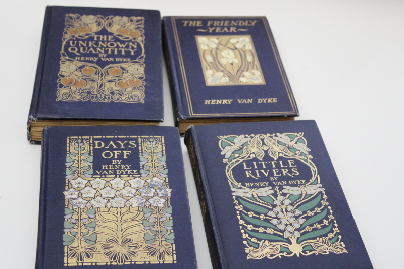 photo of early 1900s vintage Henry Van Dyke books w/ William Morris style floral art nouveau covers #1
