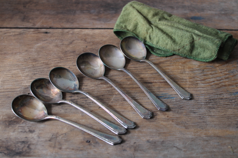 photo of early 1900s vintage Silverfild silver plate soup spoons, set of 6 round bowl gumbo spoons  #4