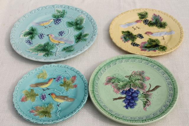 photo of early 1900s vintage antique majolica pottery plates, birds & berries plate collection #1